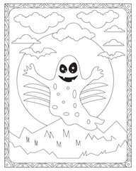 Halloween Coloring Pages for kids, Halloween Ghost Coloring pages for kids, Halloween illustration, Halloween Vector, Black and white 