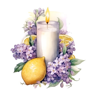 Illustration of candle with lemon and lilac watercolor. Generative AI, png image.