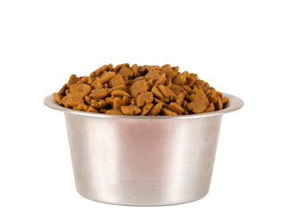 Dry Cat or Dog Food on a Metal Bowl, no cat, isolated, PNG transparent, no background, front view, focused