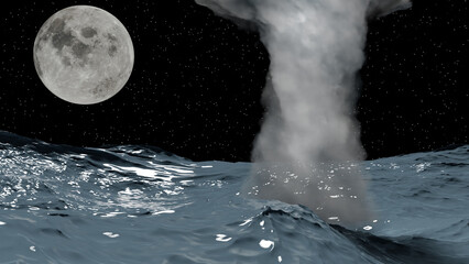 Tornado on a violent blue sea in a full moon night (3D Rendering)