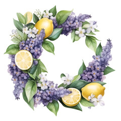 Illustration wreath with lemons and lilac watercolor. Generative AI, png image.