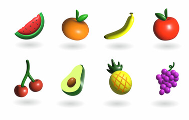 Fruit icons set. 3d Illustration isolated on white background for graphic and web design