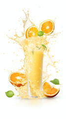 A glass of orange juice with a splash of juice. Generative AI. Splash of fresh tasty juice on white background.