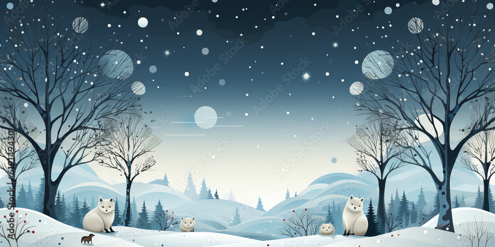 Poster two polar bears are standing in the snow. generative ai. winter greeting card design, wintertime bac