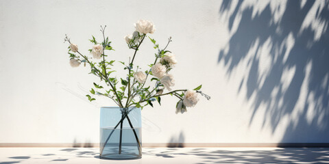 A 3D scene with a clear blue glass vase holding a white rose and green tree twigs, bathed in outdoor sunlight on a concrete counter and wall. Perfect for luxury interior design decoration displays.