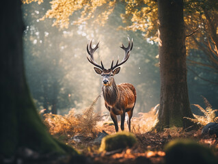 Image of an adult wild deer in nature. Free to find food in the forest without interference from humans.
