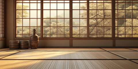 Vacant classic Japanese-style space featuring tatami mat flooring bathed in sunlight through wooden shoji blinds—a perfect setting for Asian interior design, architecture, a 3D product background