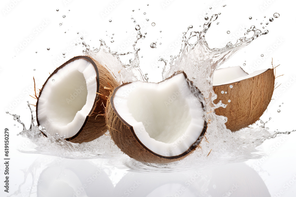 Poster two coconuts with water splashing out of them. generative ai. isolated on white background.