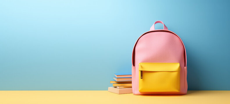 School backpack and stationery isolated on flat blue background with copy space. Creative banner template for school supplies store, time for school, pink blue yellow colors. Generative AI.
