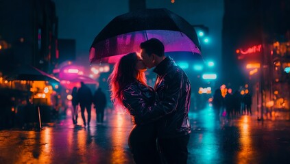 Fototapeta na wymiar Glowing Love Amidst the Rain A Couple's Embrace on a Neon-Drenched Street