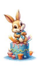 A cartoon bunny sitting on top of a birthday cake. Generative AI. Happy Birthday cute greeting card.