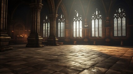 abstract renaissance empty big hall dark gothic light and smoke room