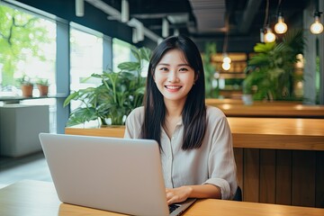Obraz na płótnie Canvas Portait of Asian business woman smile with computer laptop. Generative AI