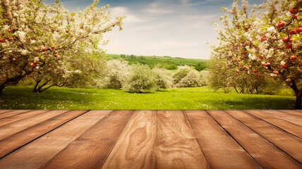 Naklejka na ściany i meble Empty Wooden Surface with View on a Spring Apple Orchard. Generative AI