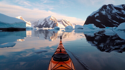 Extreme adventure active sports winter kayaking in antarctica. Generative AI - obrazy, fototapety, plakaty