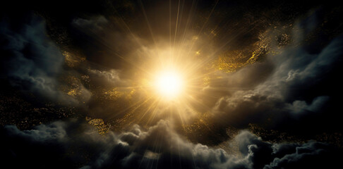 Beautiful sun glare on a dark background with clouds.