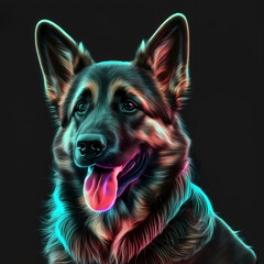 German Shepherd dog portrait, neon, realistic.