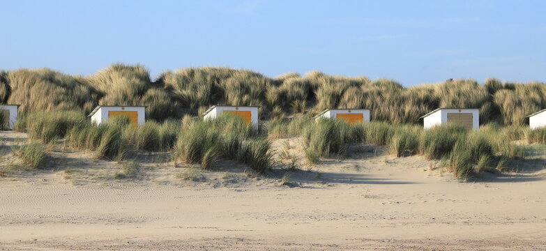 small colorful beach huts at the north sea in the netherlands