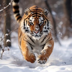 tiger running in a snowy landscape
