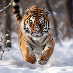 Obraz premium tiger running in a snowy landscape 