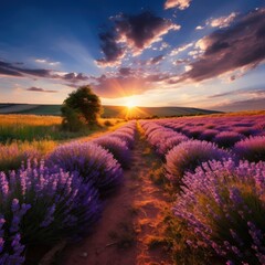 lavender landscape at sunset. Spectacular landscape at sunset