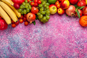 top view fresh fruit composition colorful fruits on light-pink background fruit fresh mellow color ripe