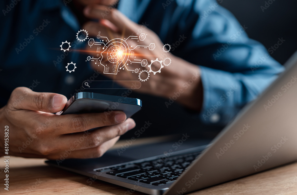 Aufkleber Businessman using chat bot in smartphone intelligence Ai.Chat bot with AI Artificial Intelligence to generate. Futuristic technology, robot in online system.