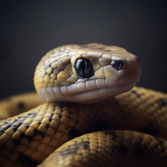 Portrait of a beautiful yellow and black snake looking into the camera. Generative ai.