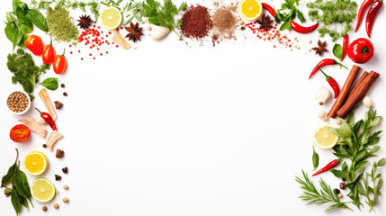 Frame made of different vegetables, herbs and spices, with copy space