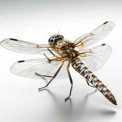 Macro detail of a colorful isolated dragonfly (Anisoptera and Zygoptera) on a white background. Generative ai.