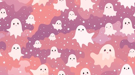Pastel Ghosts silhouette wallpaper, in the style of light pink and light amber, seamless Halloween background