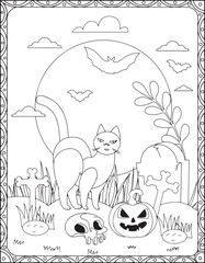 Halloween Coloring Pages,Halloween Cat Coloring pages for kids, Halloween illustration, Halloween Vector, Black and white, Cat illustation
