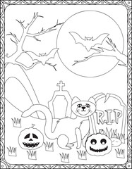 Halloween Coloring Pages,Halloween Cat Coloring pages for kids, Halloween illustration, Halloween Vector, Black and white, Cat illustation
