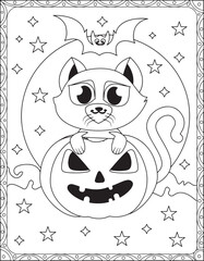 Halloween Coloring Pages,Halloween Cat Coloring pages for kids, Halloween illustration, Halloween Vector, Black and white, Cat illustation
