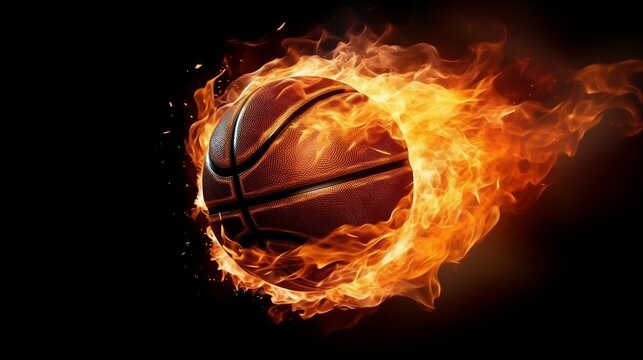 Flying basketball in flames background, 3D illustration, Ai Generative 