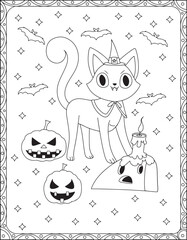 Halloween Coloring Pages,Halloween Cat Coloring pages for kids, Halloween illustration, Halloween Vector, Black and white, Cat illustation
