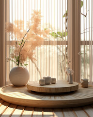 Circular wooden podium with textured sides, vase in Japanese shoji window sunlight, lace curtain on tatami mat – perfect 3D display for luxury organic cosmetics and skincare products.