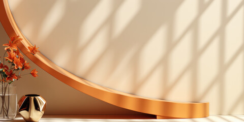 A sunlit orange chrome spiral podium table, with Chinese window grill shadows on a beige-cream wall—a 3D setting for presenting luxury Asian fashion, beauty, cosmetic, and skincare products.