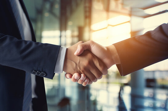 business people hand shaking after business signing contract document on desk in meeting room at company office, job interview, investor, negotiation, partnership and teamwork concept, Generative AI
