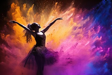 Fototapeta na wymiar Beautiful ballerina dancing in colorful smoke on black background.. Generated AI