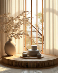 Circular wooden podium with textured sides, vase in Japanese shoji window sunlight, lace curtain on tatami mat – perfect 3D display for luxury organic cosmetics and skincare products.