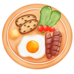 A combination of egg, toasts, sausages and salad.