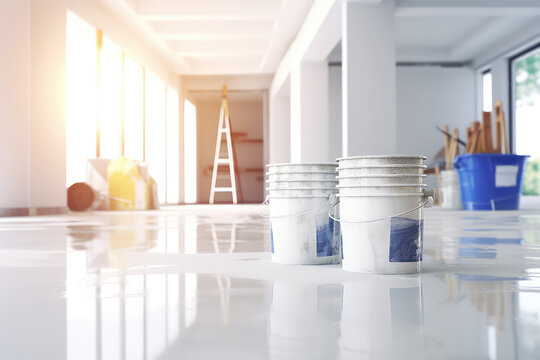 An empty, minimal white sunny room in which repairs are being made. Paint cans, stepladder, building supplies. Creative concept for residential and commercial renovations. Copy space. Generative AI