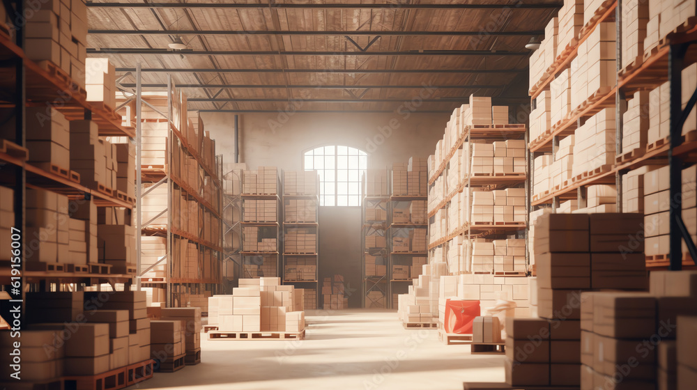 Poster generative ai : warehouse interior with shelves, pallets and boxes