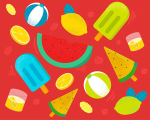 Seamless pattern with summer elements. Watermelons, lemons, balls, ice cream. Refreshing backgrounds 