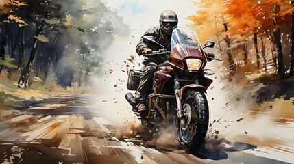 motorcycle on the road in  watercolor design 