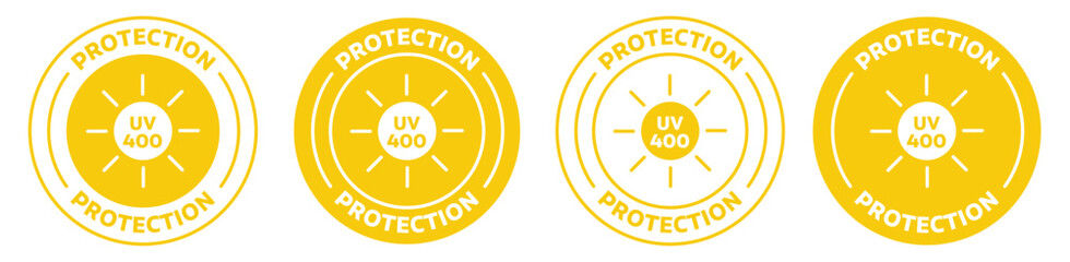 uv400 protection icon set. uv 400 protection emblem set in yellow color. - obrazy, fototapety, plakaty