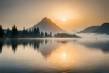 sunrise over the lake by AI generating