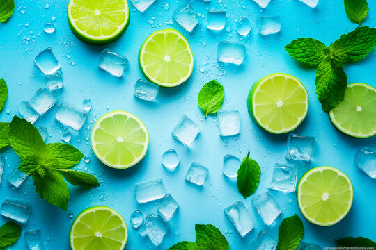 Rondelles de citrons avec gla&ccedil;ons sur fond bleu, vu de dessus - Fraicheur et mojito - G&eacute;n&eacute;rative IA