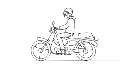 Obraz na płótnie Canvas continuos lineart of man riding a motor cycle using driving safety for minimalist illustration vector of vehicle